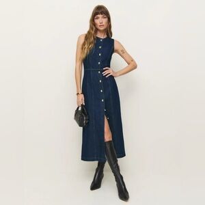 Reformation Dark Blue Button-Front Midi Dress NWT